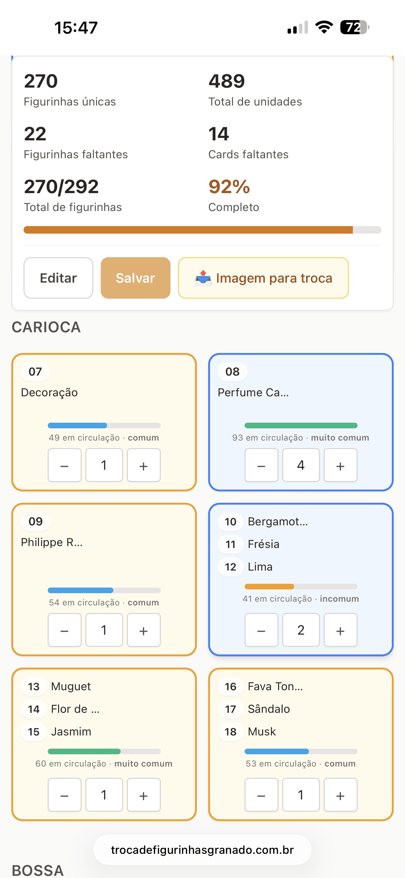 Minhas figurinhas com resumo de estatísticas da coleção